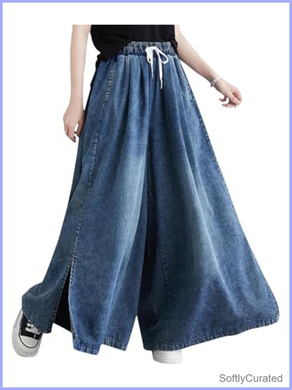 Wide Leg Culotte Denim Palazzo Pants Drawstring High Rise Plus Size